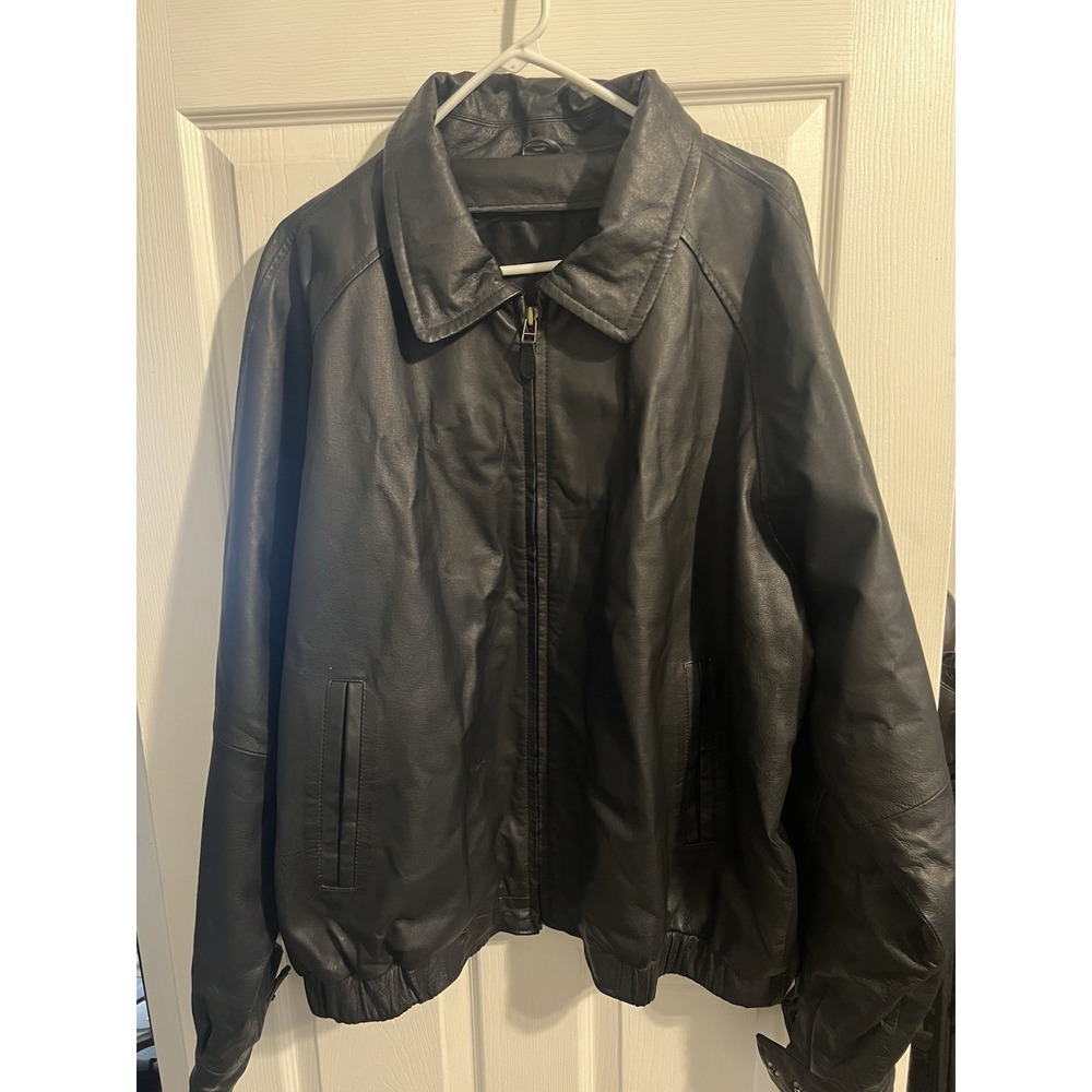 Men's Black Leather Bomber‎ Jacket Size XXL Full Zip Classic Style